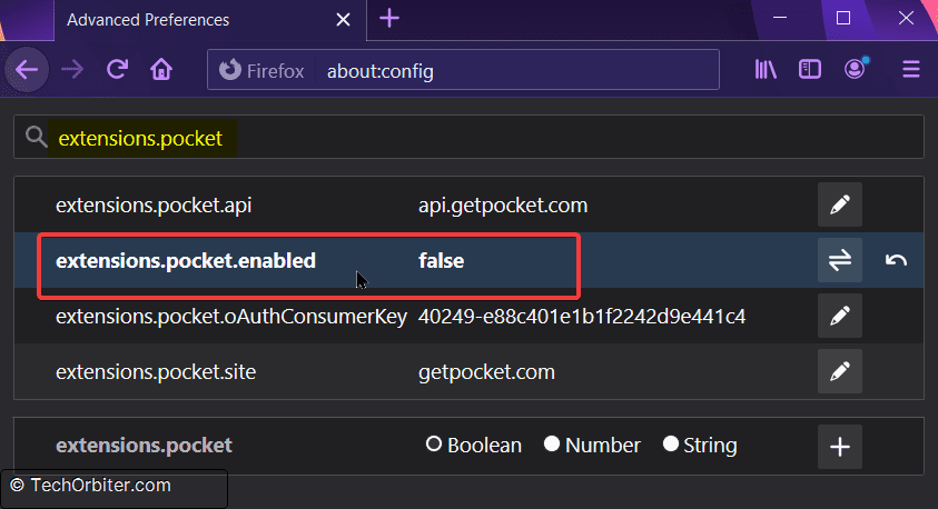 Set extensions.pocket.enabled field to "false"