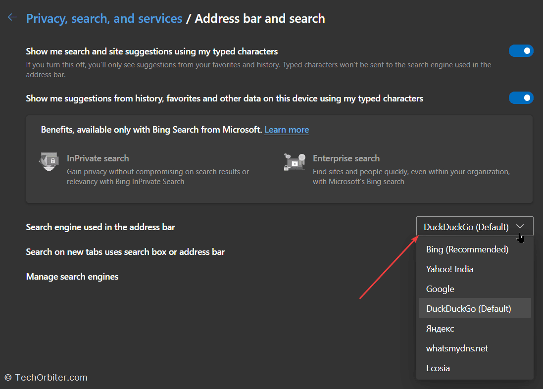 Select a different search engine from the drop down menu