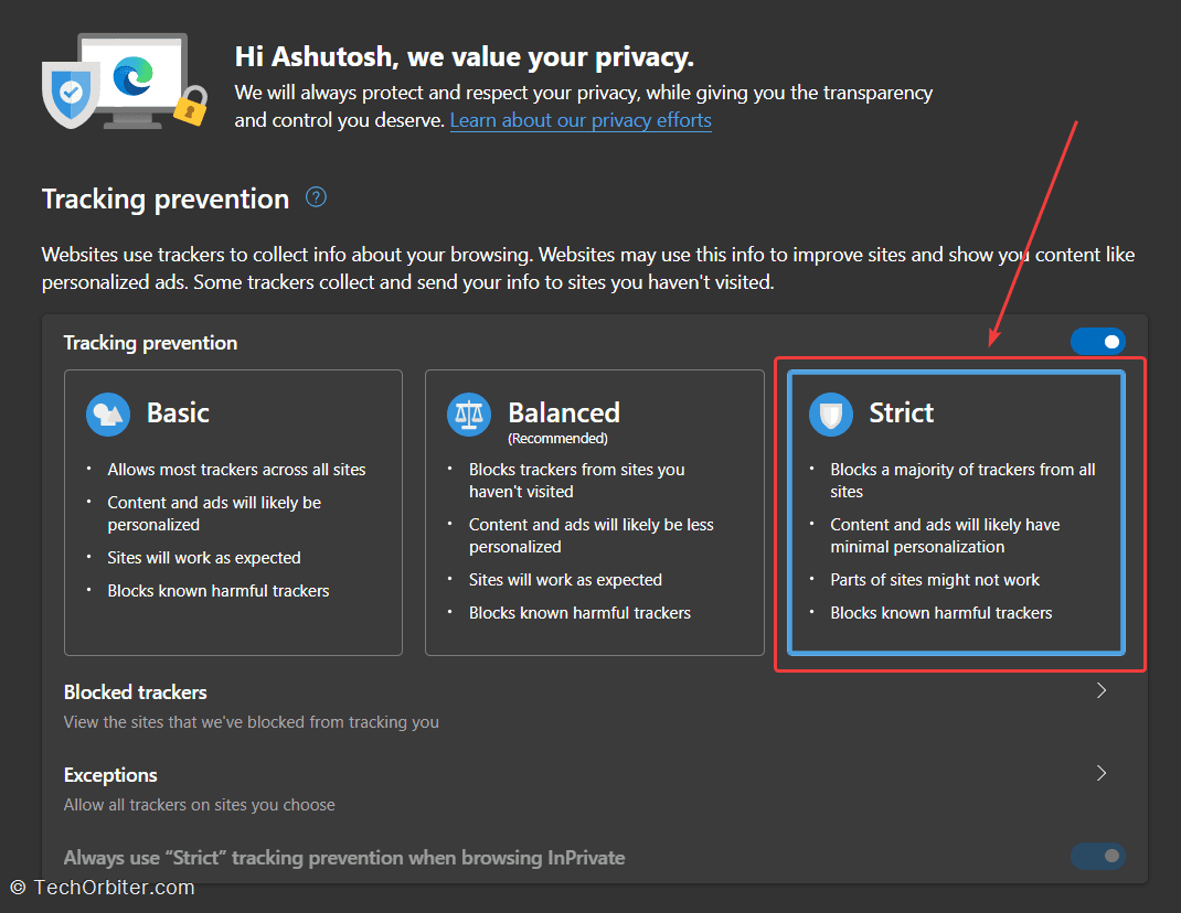 Select the strict mode on the privacy page of Edge