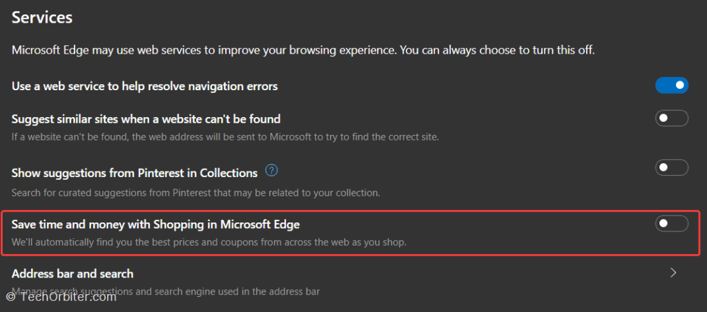 Disable the option that reads "Save time and money with Shopping in Microsoft Edge" towards the bottom of the page