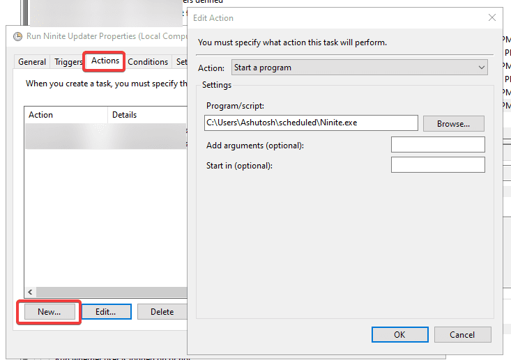 Create an action to launch the Ninite file when this task runs